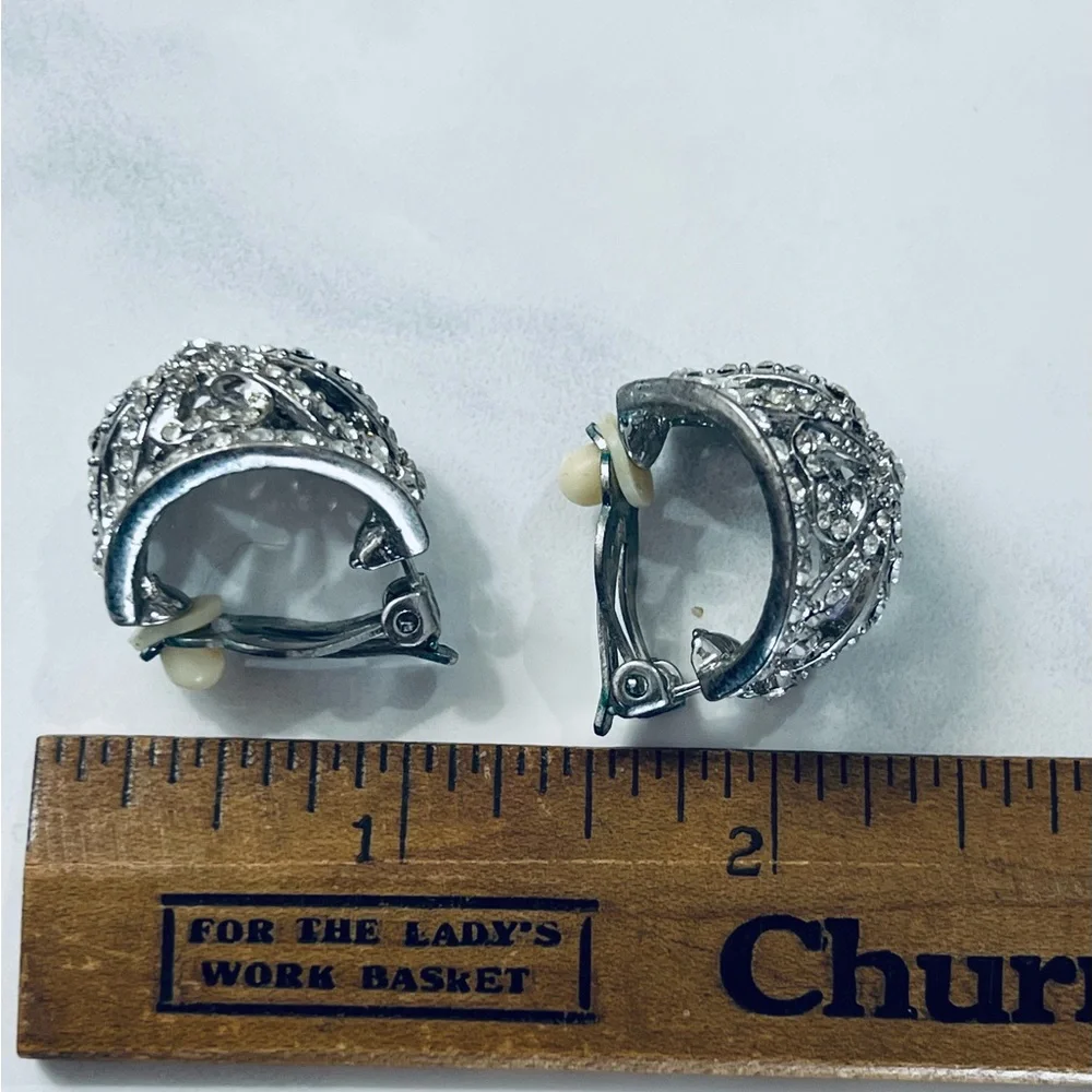 1990s KJL Kenneth J Lane CLIP silver & crystals earrings AS IS - Picture 4 of 8